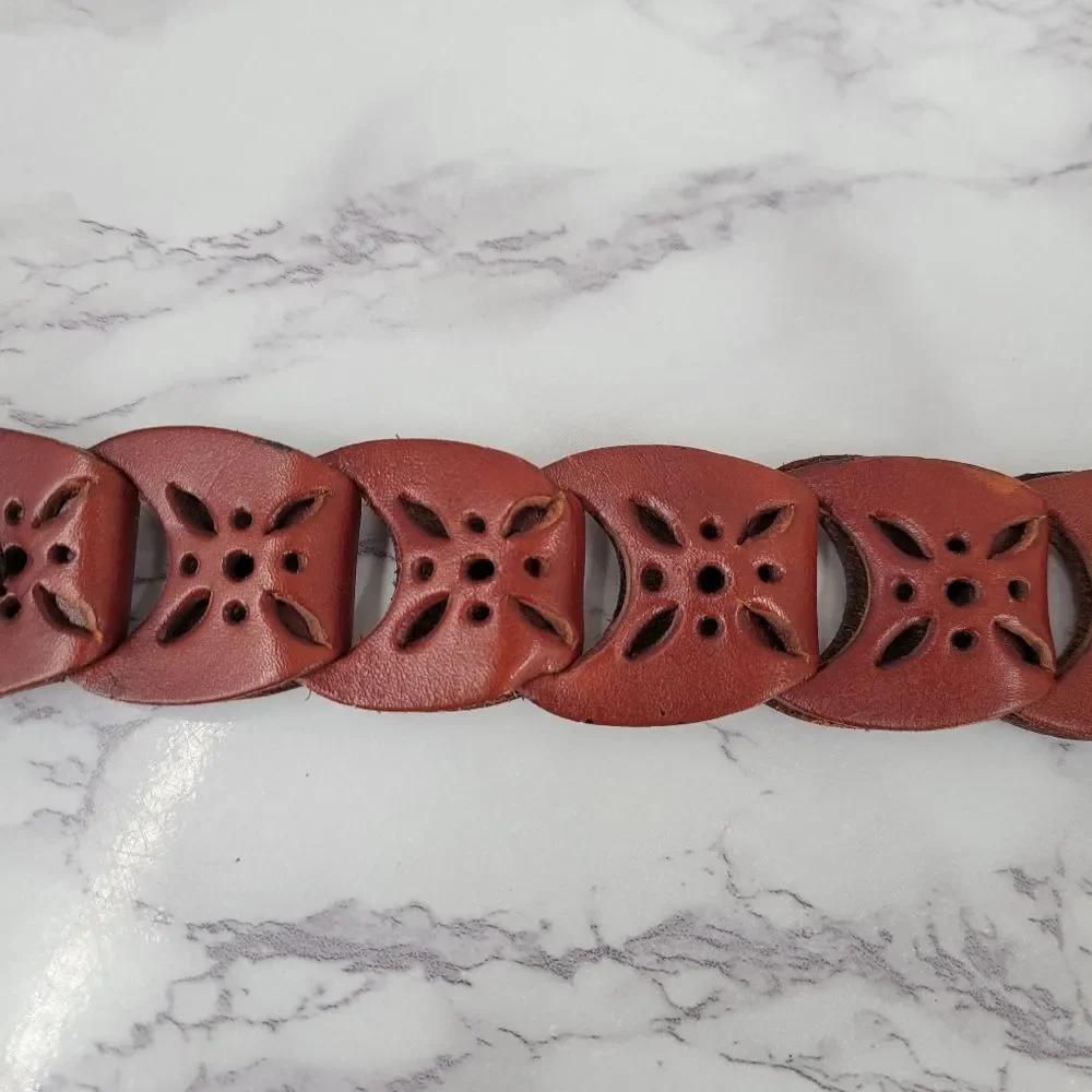 Brown Leather Interlock Tab Belt with Silver Toned Aztec Buckle